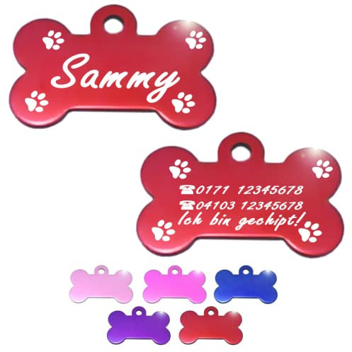 Iberiagifts - Hundemarke Knochen mit Gravur und Pfoten XL für sehr große Hunde - Katzen Haustier Plakette Anhänger Halsband Medaillon graviert personalisiert (Rot), 50x34 mm
