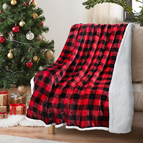 Catalonia Classy rutig sherpafilt, överkast, fluffig buffelfilt, jul, rutig, varm plysch-mikrofiber-vinter-vändbar filt för soffa, bäddsoffa, 150 x 130 cm, röd pläd