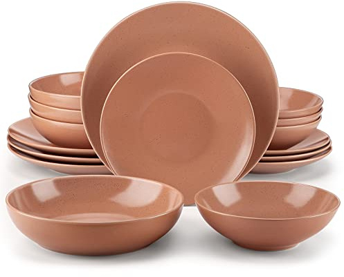 vancasso SABINE 16-teiliges steingut geschirr set, für 4-12 Personen, mit Speiseteller, Dessertteller, Pastateller & Suppenschüssel, Modernes Kombiservice mit Sesam-Muster, spülmaschinenfest