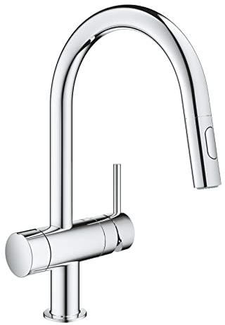 GROHE Minta - 1 Hebel Küchenspüle Ausziehbare Doppelbrause Mischbatterie mit integriertem Absperrventil (hoher C-Auslauf, 90° Schwenkbereich, 46mm Keramikkartusche, Schwänze 3/8 Zoll), Größe 379mm,