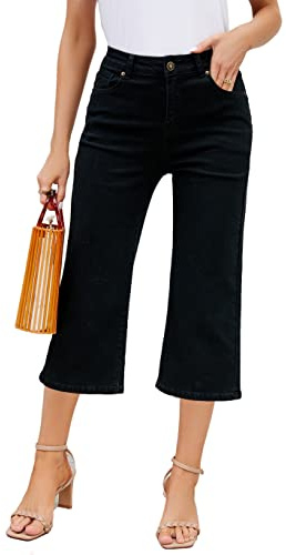 TTFIFENG Pantalon en jean capri pour femme, Pantalon capri noir pour femme été taille haute stretch décontracté denim baggy, 14