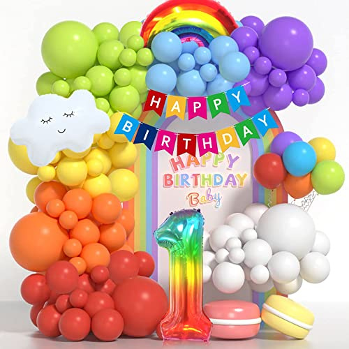 1. Geburtstag Mädchen Junge Deko, 1 Jahr Geburtstagsdeko Luftballons, Regenbogen Ballon Girlande, Happy Birthday Banner für Kinder Erster 1 Kindergeburtstag Rainbow Party Dekoration