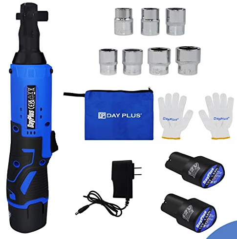 Cordless Ratchet Wrench 3/8'' Sq Drive 90 Degree Right Angle Electric Ratchet Wrench,40N.m 12V Torque Power Ratchet Wrenches Set with 2pcs 1.5Ah Li-Ion Batteries,60-min Fast Charger and 7 Sockets