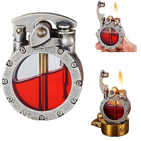 YiKAiLi Vintage Feuerzeug, Retro Transparent Kerosinfeuerzeug Cooles Steampunk-Feuerzeug Winddichtes für Camping BBQ, Geschenk für Männer Papa (Silber)