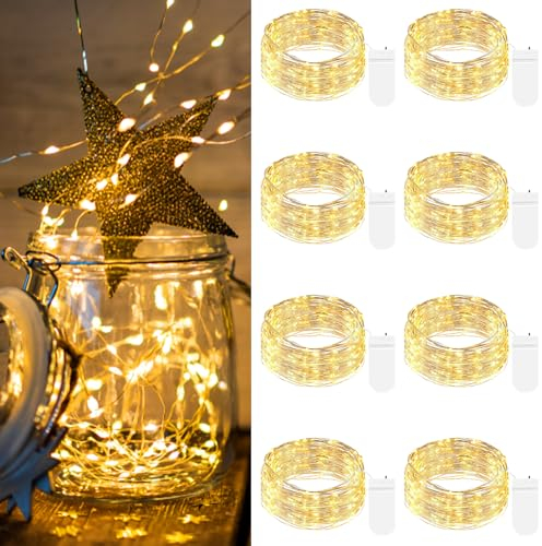 8 Pack LED Fairy Lights Battery Operated, 2M/7FT 20LED Small String Lights Battery Powered Waterproof Mini Silver Wire Fairy Lights Indoor Outdoor for Jars Bedroom Christmas Wedding Party, Warm White