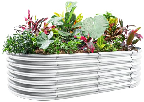 Land Guard 4×2×1.5ft Galvanized Raised Garden Bed Kit, Galvanized Planter Garden Boxes Outdoor, Oval Large Metal Raised Garden Bed for Vegetables……… (Classic Silver