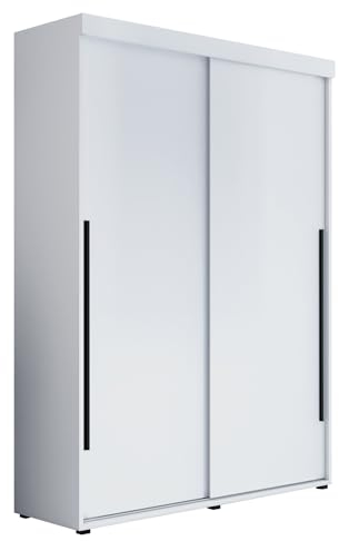 Meble Slupia Kleiderschrank Schiebetüren Slim - 110x202x46 cm - Schrank Schlafzimmer, Vorraum, Garderobe - Geteilte Tür, Kleiderstange, Ohne Spiegel - Holzwerkstoff, Schwarze Griff, Weiß