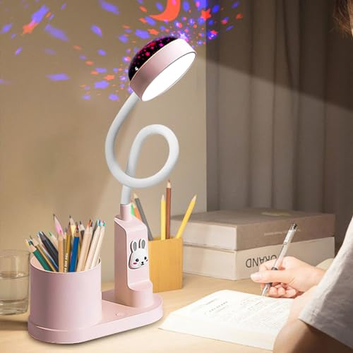 Schreibtischlampe Kinder, Studienlampe mit Sternenhimmel-Projektion, LED Nachttischlampe Tischlampe mit Stifthalter, USB Wiederaufladbare Schwanenhals Tischlampe Dimmbar Helligkeitsstufen (Rosa)