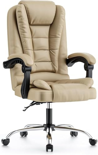 rattantree Ergonomischer Bürostuhl, Schreibtischstuhl, PU Leder Computerstuhl mit Gepolsterter Armlehnen und Weicher Kopfstütze, Drehstuhl mit Rädern, Neigefunktion Höhenverstellbar Chefsessel, Khaki