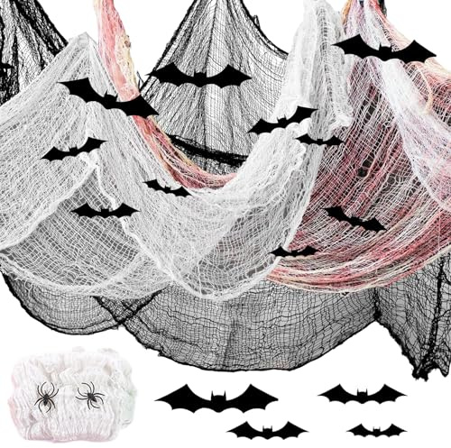Kapokr Halloween Deko Set 20 Stück 3 gruselige dekorative Stoffe, 1 Spinnennetz mit 16 3D Fledermäusen, Gruseliger Stoff für Spukhäuser, Garten, Veranda, Hallen
