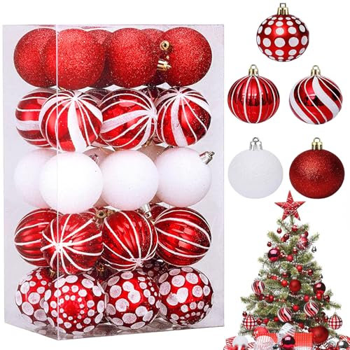 Pack De 30 Boules De Noël Rouge Et Blanches, Décoration d'arbre De Noël Classiques 6cm Rouge, Boules De Noël en Plastique, pour Décorations Sapin Noël,Une Ambiance Chaleureuse Joyeux Noël (5 Styles).