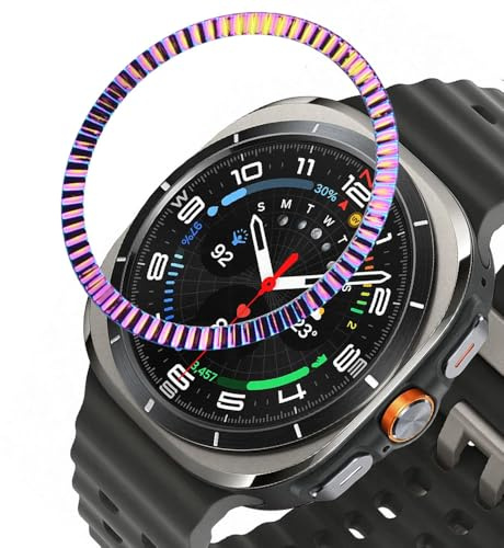 DEALELE Bezel Cover Compatible with Samsung Galaxy Watch Ultra 47mm (2025/2024) / Galaxy 3 45mm, Wave-Texture Stainless Steel Metal Bezel Ring Adhesive Cover Anti Scratch Protector Accessory, Rainbow