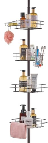 VEVOR Barra de Tensión para Ducha de Esquina Multifuncional con Bandeja Resistente, Resistente a la Oxidación y Fácil de Instalar, Apta para Baños y Aseos, 239 x 239 x 2895 mm, Bronce, 4 Capas