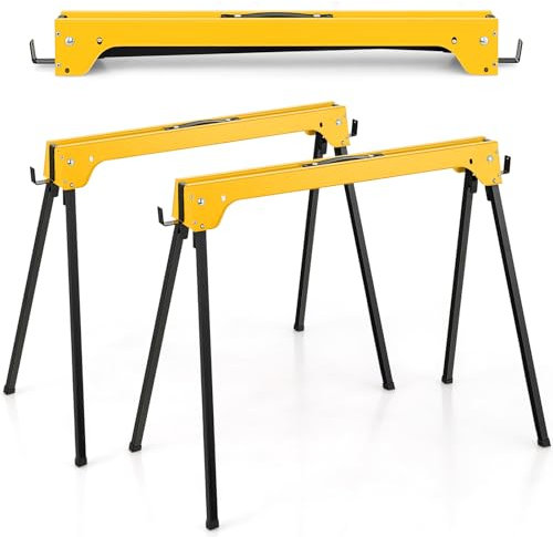 HOMFME Folding Saw Horse Twin Pack, Heavy Duty Metal Work Trestle Stands with Handle and Non-Slip Footpads, Portable Lightweight Workbench Sawhorse Pair, 454 kg Load Capacity (Yellow)