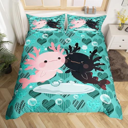 Homemissing Mignon Axolotl Housse de Couette 200x200cm Enfants Ooeur décoration Axolotl Parure de Lit Vert Fille Garçon Adolescent Chambre à Coucher 3pcs Microfibre Ensemble de Literie thème Animal