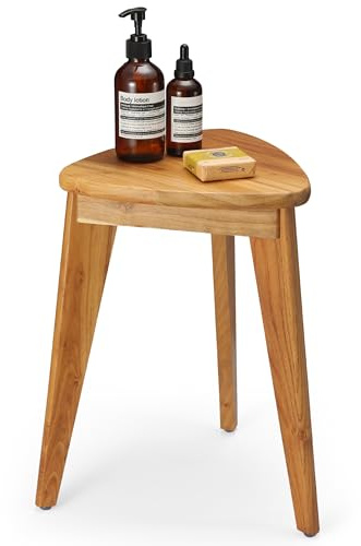 TEAKAURA Teak Shower Stool, 17'' Shower Foot Rest for Shaving Legs, Waterproof Teak Shower Seat, Corner Shower Bench, Wooden Step Bench, Organizer Stool, Plant Stand for Living Room Bathroom