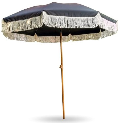 Tragbarer 240cm Boho-Strandschirm mit Fransen, Faltbarer Tischschirm für Außenbereich, UV-Beständig, für Garten, Rasen, Terrasse, Pool