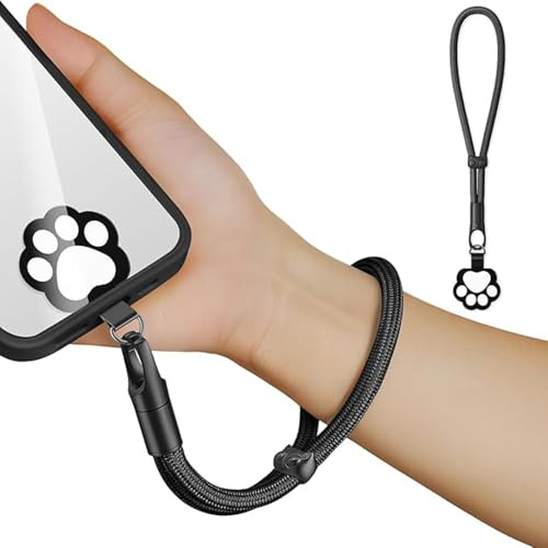 newplenty Handykette Kurz Universal,Verstellbar Handyanhänger, Schlüsselband, Handschlaufe, Handygurt, Handgelenk,Handyband, Anti Verlust mit Ultradünnem Patch (Katzenpfote Schwarz)
