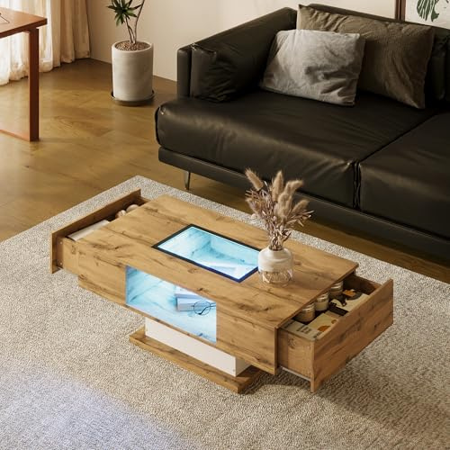 BTM Couchtisch, Wohnzimmertisch mit farbwechselndem LED-Licht, mit Glas, Beistelltisch mit Zwei Schubladen, 110x40x 60 H cm