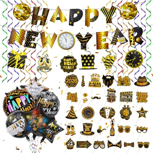 Yuning Silvester Deko 2026 Happy New Year Deko, Neujahrsdeko mit Happy New Year Girlande, Fotorequisiten, Hänge Dekoration, Folienballon für Silvester Neujahr 2026 Party Deko