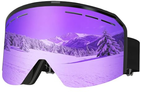 MXJ Gear Occhiali Da Sci,YH359 Antiappannamento Maschera Snowboard,OTG Maschera da Sci,Protezione UV400 Maschera Sci da per Donna&Uomo (Montatura nera - Lenti viola VLT 14%)
