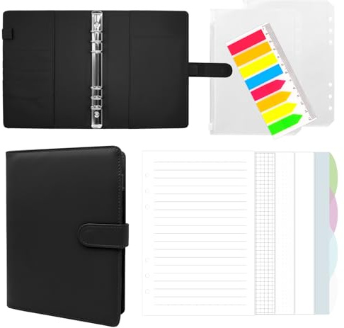 Fettwal Notizbuch Ringbuch A5 Nachfüllbar, Leder Notizbuch A5 Ringbuch mit 160 Blätter Nachfüllpapier, Tragbarringbuch Planer Binder Bindertaschen für Schulnotizen und Organizer, Schwarz
