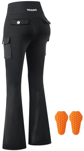 WOSAWE Women Biker Flare Legging High Waist Motorcycle Pants Tummy Control with Knee Pads, Black Large