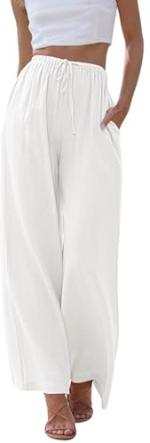 CMTOP Pantaloni Lino Donna Estivi Pantaloni Larghi Leggeri Elastico Vita Alta Pantalone Comodi da Spiaggia Eleganti Casual Pantaloni Tinta Unita Pants con Tasche (Bianco, M)