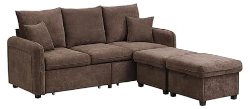 XPSSJMU Multifunktionale Ecksofa U-Form-Dreisitzer Polster-Sofa mit Staufunktion – Inklusive Schubladen + Hocker mit Staufach, modular zerlegbares Sofa-Set mit Schlaffunktion, Chenille-Bezug