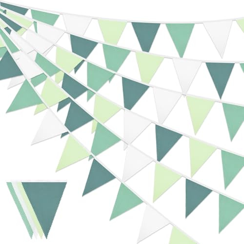 Lot de 36 fanions vintage en toile de jute réutilisables pour fête prénatale, anniversaire, mariage, fête de jardin, décoration à suspendre - Beige et marron - 12 m - Blanc + vert