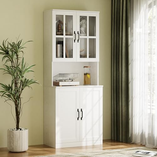 VOWNER Bücherregal mit Glastüren und offenem Fach, 180 cm Hochschrank, 5 Ebenen Bücherschrank, Standregal Vitrinenschrank, Buffetschrank mit Arbeitsplatte, 60x40x180 cm, für Wohnzimmer, Büro (1PCS)