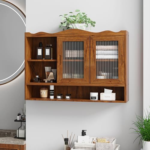 AliSefaiy 90 cm Hängevitrine, Hängeschrank Küche, Shabby Chic Hängeschrank mit 2 Türen und DREI Ablageebenen, Küchenhängeschränke, Geeignet für Badezimmer, Küchen und Esszimmer (Braun)
