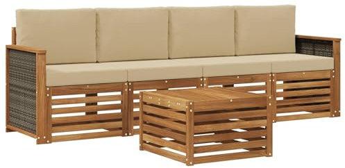 vidaXL Outdoor-Sofagarnitur 5 pcs Natur und Beige Massivholz Akazie, Garten Lounge-Sofa, strapazierfähige Außensitzgruppe, modernes Terrassenmöbel, bequemer Wohnbereich