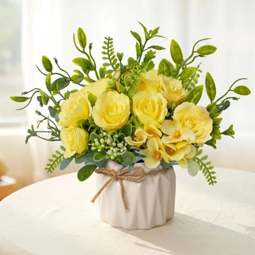 Mandarooker Faux Flowers with Vase, yellow Artificial Silk Rose in Vase | Silk Rose Artificial Flowers with Vase for Coffee Table Decor,Living Room Bathroom Plant Decor, Centerpiece Table Decorations