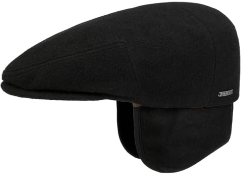 Stetson Kent Wool Flatcap Schiebermütze mit Ohrenklappen Made in EU Damen und Herren Herbst Winter schwarz XXL (62-63 cm)