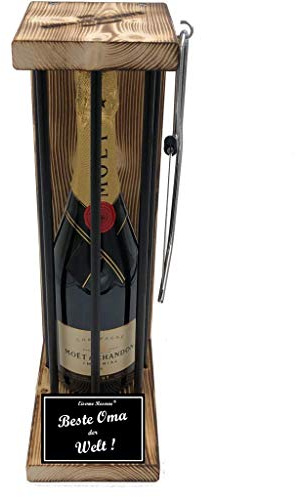 Moet Geschenkverpackung Geschenkset für Oma Geburtstag Weihnachten - Reserve Black Edition incl. Notsäge Text s/w Beste Oma der Welt Champagner (1 x 0.75 l)