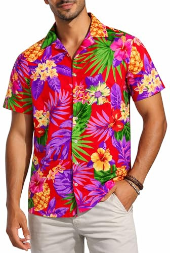King Kameha Funky Hawaii-skjorta för män, kortärmad, frontficka, Hawaii-tryck, ananas, palmer och blommor, röd, XXL