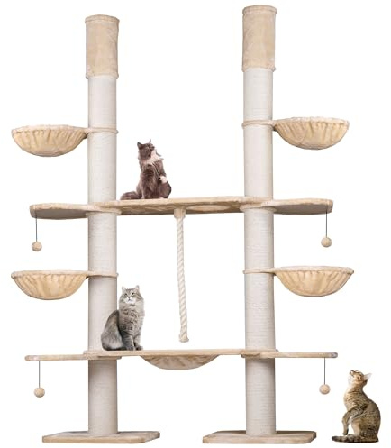 HAPPYPET XXL Kratzbaum-Landschaft für große Katzen - 2-in-1 Aktivitäts- und Sisal-Paradies mit Deckenspanner 280cm hoch | Premium Plüsch