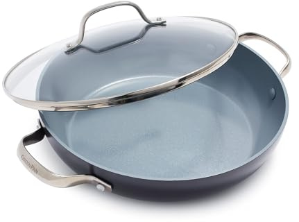 GreenPan Valencia Pro hård anodiserad hälsosam keramisk non-stick 28 cm stekpanna stekpanna med 2 handtag och lock, PFAS-fri, induktion, ugnssäker, grå