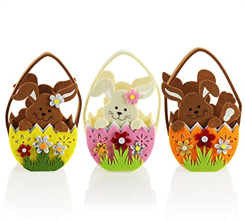 com-four® 3x Simpatici sacchetti di feltro - cestini di feltro a forma di coniglietto pasquale da riempire e regalare a Pasqua (3 tasche - 17x13 cm)