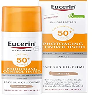 Eucerin Photoaging Control Tinted Face Sun Gel-Cream Medium SPF 50+ 50 ml, Crema solare viso 50+ con filtri UVA/UVB, Protezione solare viso 50+ antirughe e colorata per tutti i tipi di pelle