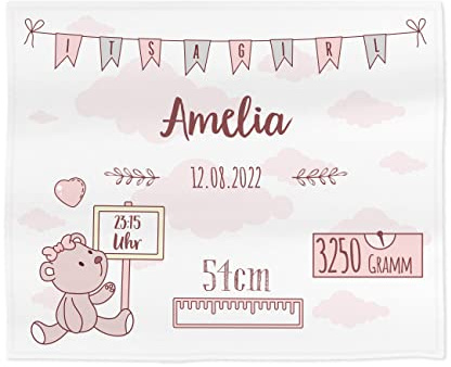 Striefchen® Baby Kuscheldecke zur Geburt, 120 x 100 cm, für Jungen und Mädchen, Teddy Motiv mit Wunschangaben Rosa