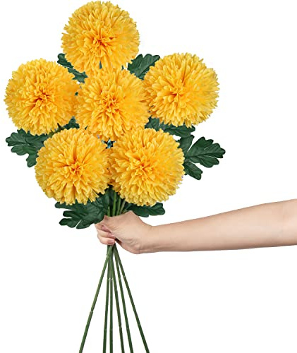 Hollyone - Fiori artificiali grandi di crisantemo da 10 cm, 6 fiori finti in seta gialla con stelo lungo 62,7 cm, fiori artificiali a palla per decorazione della casa, matrimoni, feste, giardino