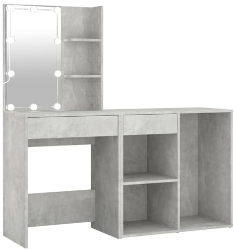 vidaXL LED Schminktisch, Kosmetiktisch mit Schrank Spiegel, Frisiertisch für Schlafzimmer, Schminkkommode Frisierkommode, Betongrau Holzwerkstoff