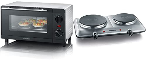 SEVERIN TO 2052 Back- und Toastofen (800 W, Inkl. Grillrost und Backblech, 9 L) silber /schwarz & Doppel Kochplatte, Campingkocher für zwei Töpfe,Edelstahl, 2.500 W, KP 1014, 46 X 29 X 7,7 cm, DK 1014