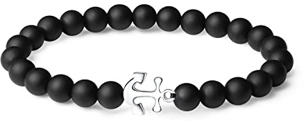 FANCIME Perlenarmband Herren, Schwarz Armband Herren mit 8mm Obsidian Perlen und 925 Sliber Anker Anhänger, Elastisches Kugel Armband Herren, Geschenk für Männer