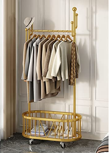 Hallenbaum mit Haken Robuster Kleiderständer aus Metall Freistehender Kleiderbügel Mobiler Kleiderwagen Mit oberer Stange und unterem Aufbewahrungskorb für Flur Schlafzimmer ( Color : Gold , Size : 80