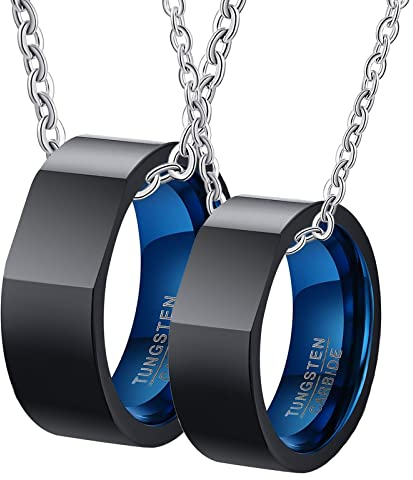 Coppia collana per fidanzato e fidanzata, collana da donna in tungsteno, coppia di anelli neri e blu, 8 mm per le donne, W-T 1/2+Men T 1/2, tungsteno, Nessuna pietra preziosa