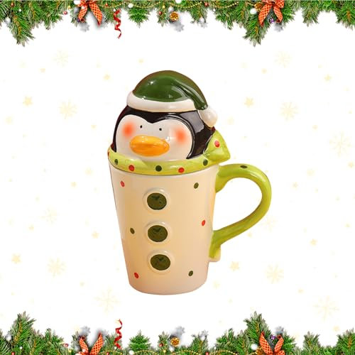 Nexoria Weihnachten Kaffeetasse, Elch Weihnachten Keramik Tasse Mit Deckel Keramik Teetassen Zu Weihnachten Weihnachtsbaumbecher Kaffeebecher Für Weihnachten (C)