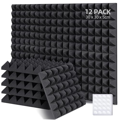 Ohuhu Akustikschaumstoff Akustikpaneele 12 Stück mit Aufkleber, 30 x 30 x 5 cm Pyramidenplatten Schallschutz Wand Schallschutzplatten Schalldämmung für Tonstudio Podcasts Youtube-Zimmer, Anthrazit